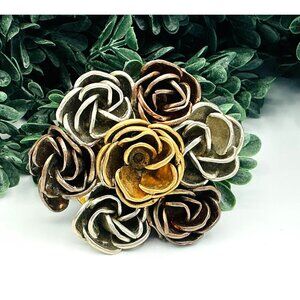 Vintage Multi-Tone Metal Rose Brooch Pin